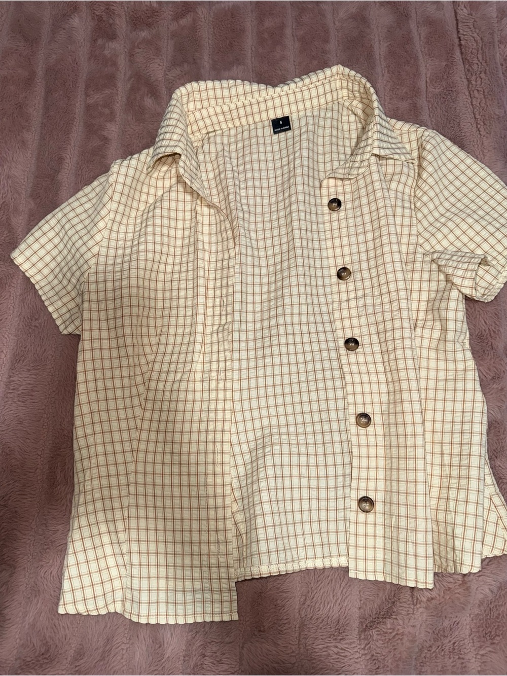 Womens Short-Sleeve Check Button-Up Shirt - Cream/Brown